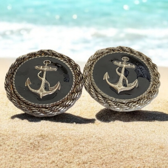 Captain's Anchor Black Enamel Clip Earrings - Picture 1 of 4
